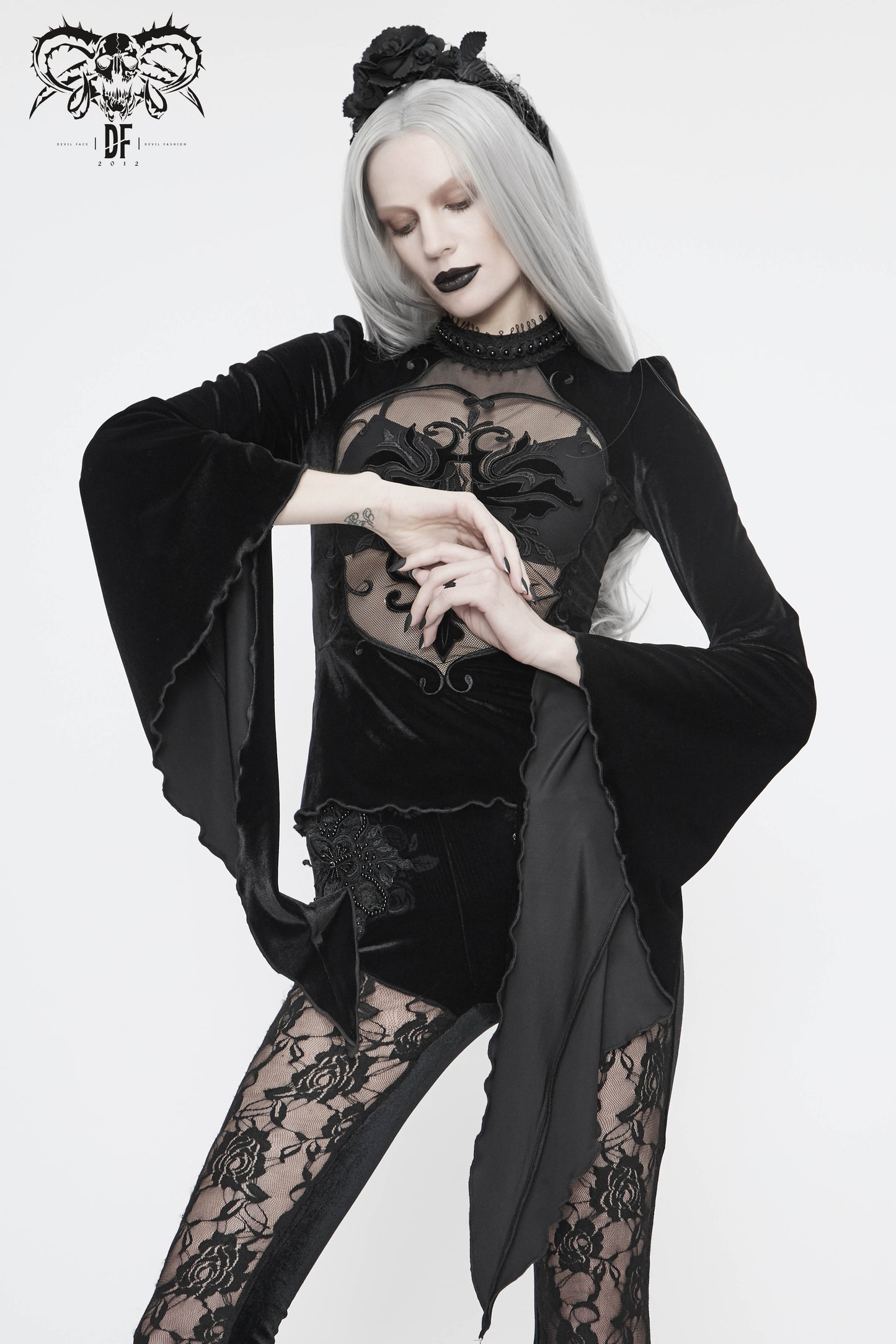 Gothic Black Velvet with Baroque Embroidered Lace Long Sleeves Transparent Tops