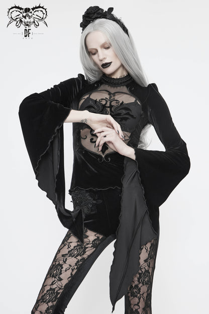 Gothic Black Velvet with Baroque Embroidered Lace Long Sleeves Transparent Tops