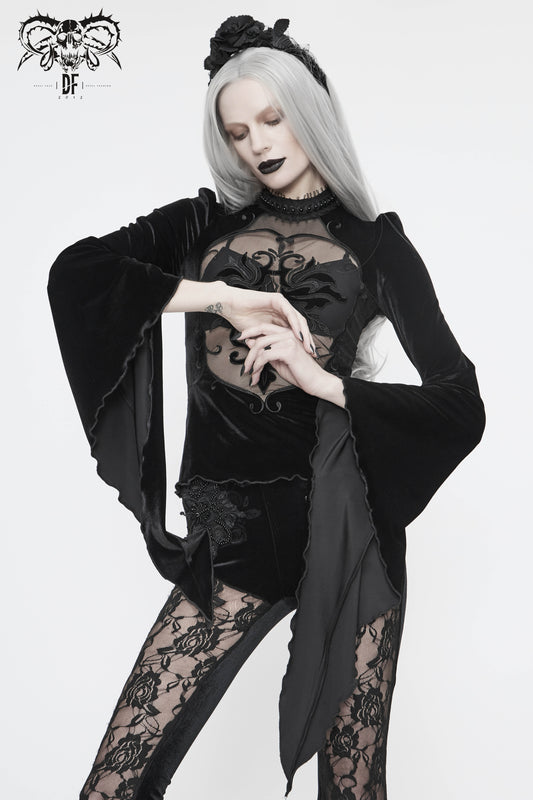 Gothic Black Velvet with Baroque Embroidered Lace Long Sleeves Transparent Tops
