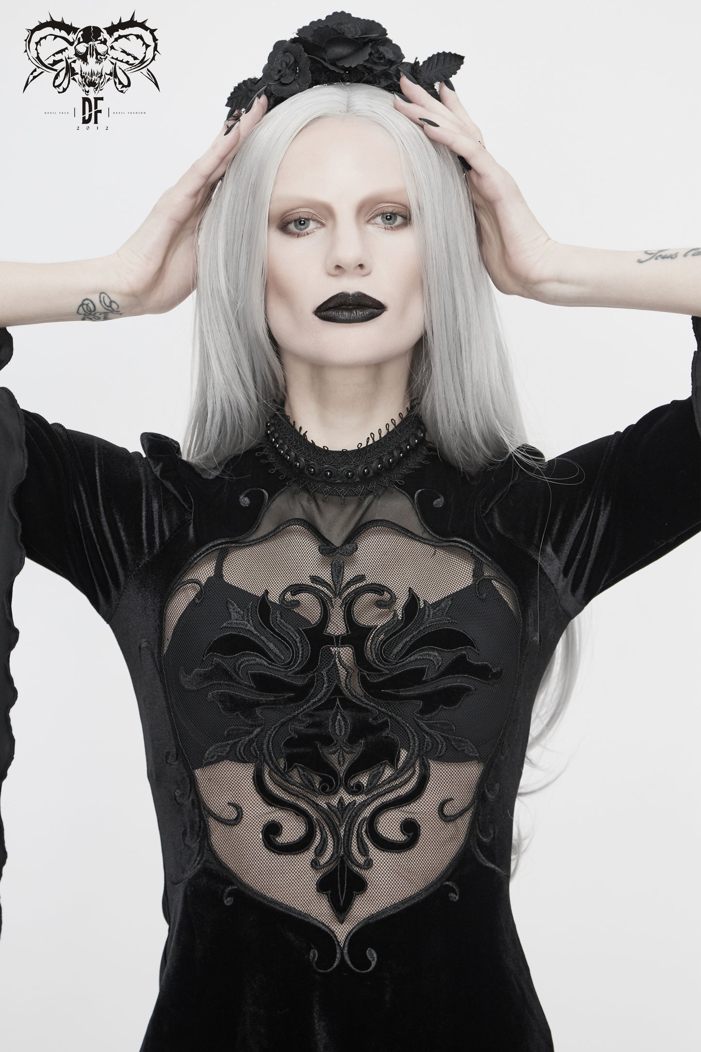 Gothic Black Velvet with Baroque Embroidered Lace Long Sleeves Transparent Tops