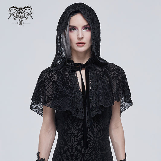 Gothic Short Hooded Cape with Floral Mesh Cape