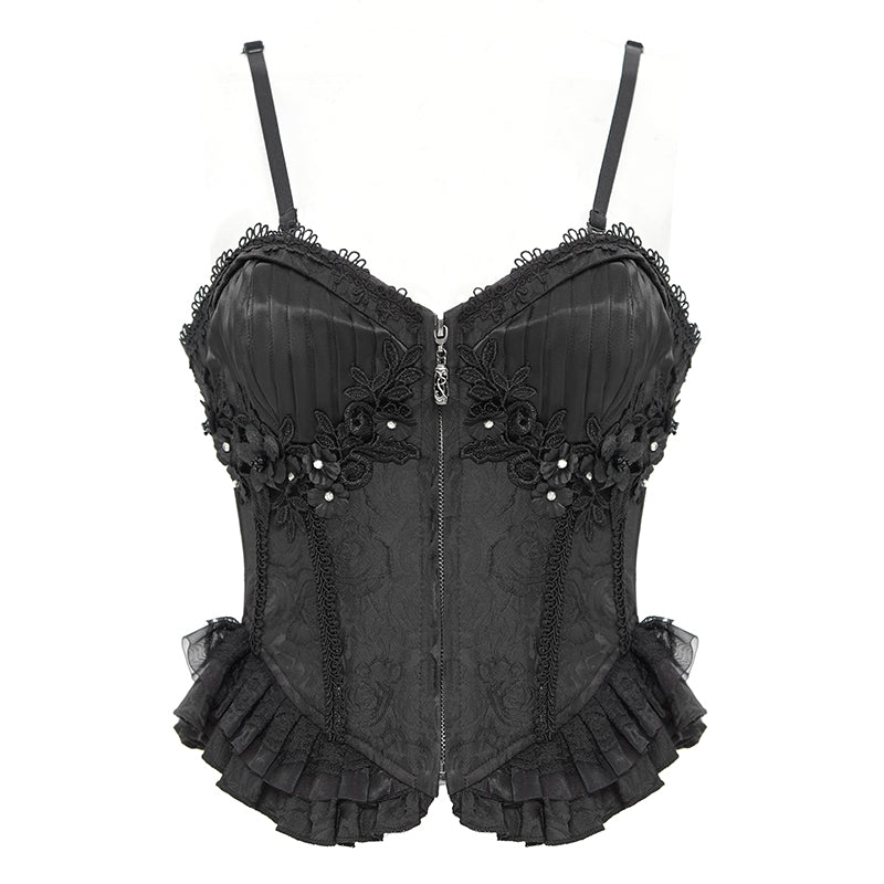 Gothic Lace-up Black Lace Corset With Ruffle Trim and Zipper