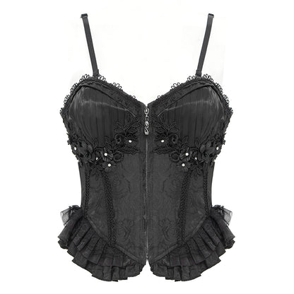 Gothic Lace-up Black Lace Corset With Ruffle Trim and Zipper