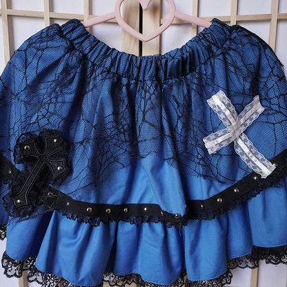Cut-out Top and Cross Punk Skirt Blue Set