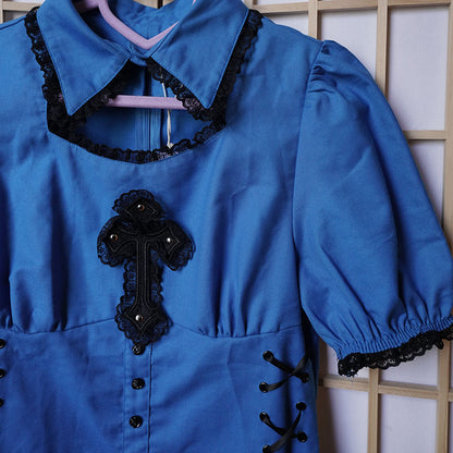 Cut-out Top and Cross Punk Skirt Blue Set